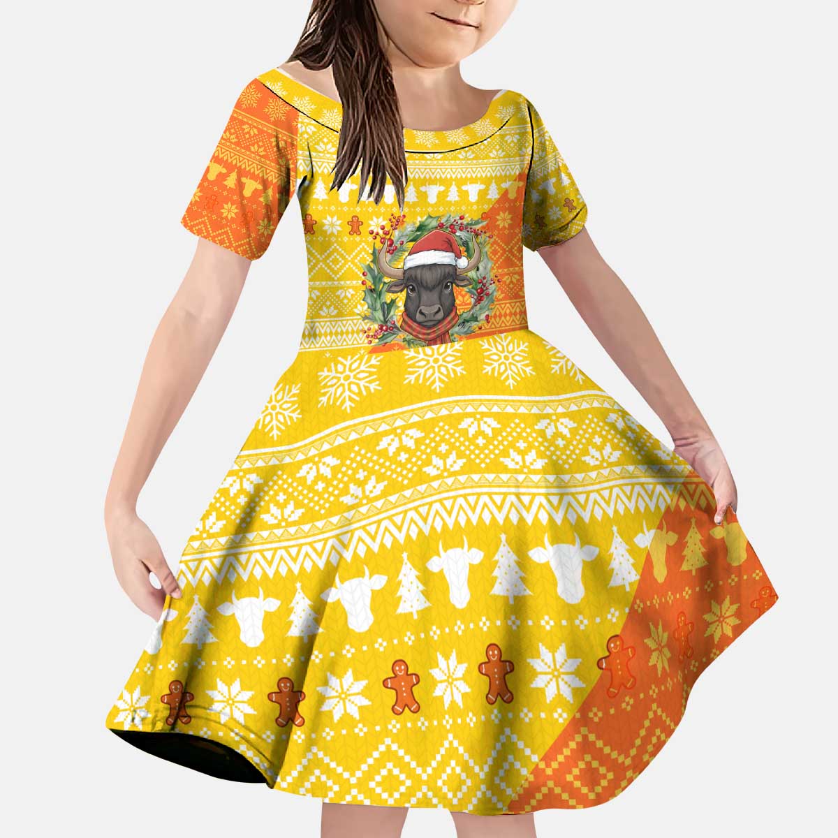 Bhutan Christmas Kid Short Sleeve Dress with Takin Reindeer Antlers Santa Hat and Yellow Orange Holiday Pattern - Wonder Print Shop