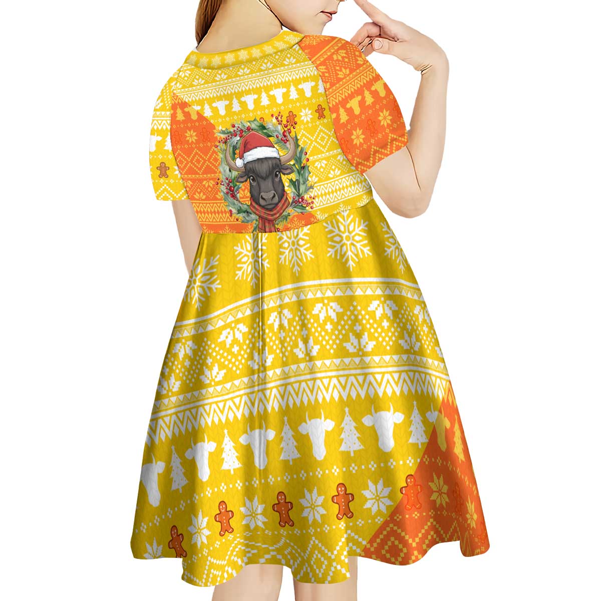 Bhutan Christmas Kid Short Sleeve Dress with Takin Reindeer Antlers Santa Hat and Yellow Orange Holiday Pattern - Wonder Print Shop