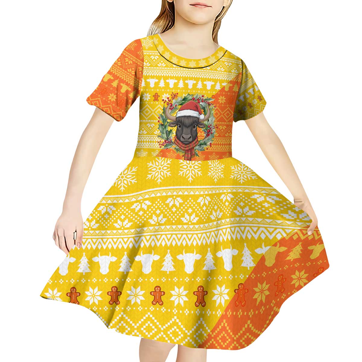 Bhutan Christmas Kid Short Sleeve Dress with Takin Reindeer Antlers Santa Hat and Yellow Orange Holiday Pattern - Wonder Print Shop