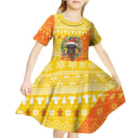 Bhutan Christmas Kid Short Sleeve Dress with Takin Reindeer Antlers Santa Hat and Yellow Orange Holiday Pattern - Wonder Print Shop