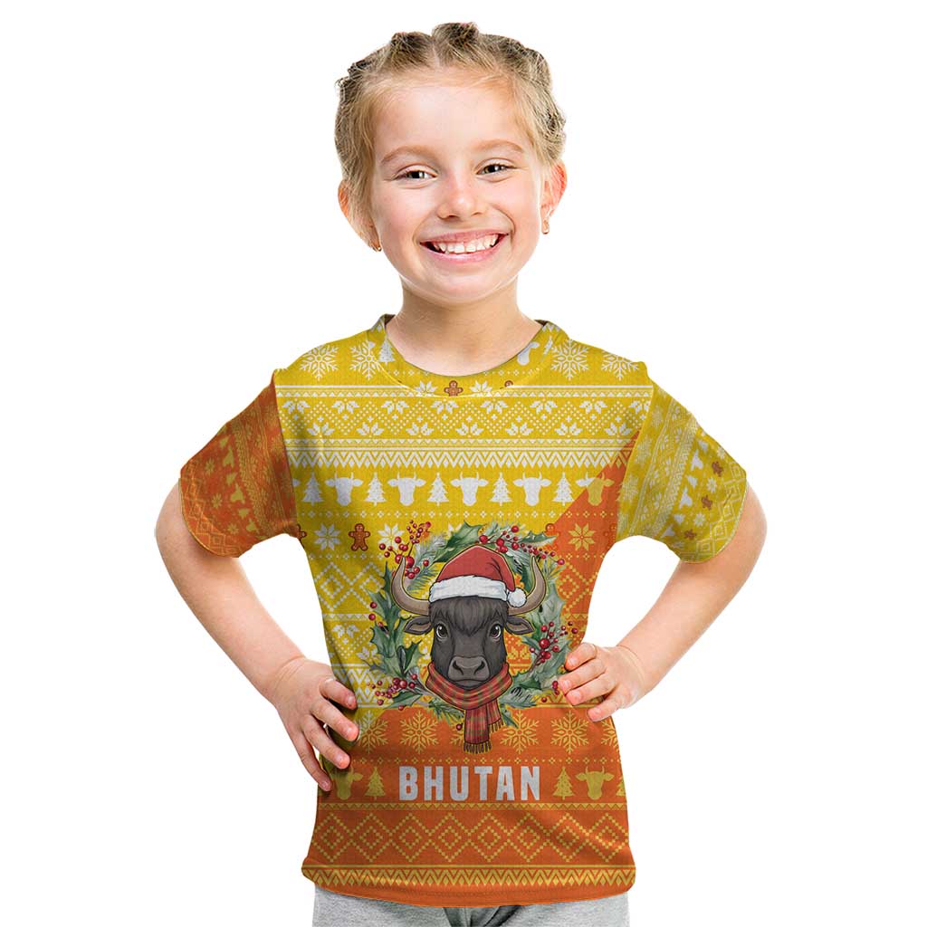Bhutan Christmas Kid T Shirt with Takin Reindeer Antlers Santa Hat and Yellow Orange Holiday Pattern - Wonder Print Shop