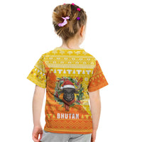 Bhutan Christmas Kid T Shirt with Takin Reindeer Antlers Santa Hat and Yellow Orange Holiday Pattern - Wonder Print Shop