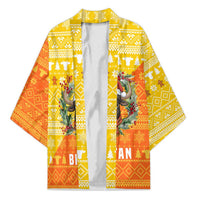 Bhutan Christmas Kimono with Takin Reindeer Antlers Santa Hat and Yellow Orange Holiday Pattern - Wonder Print Shop