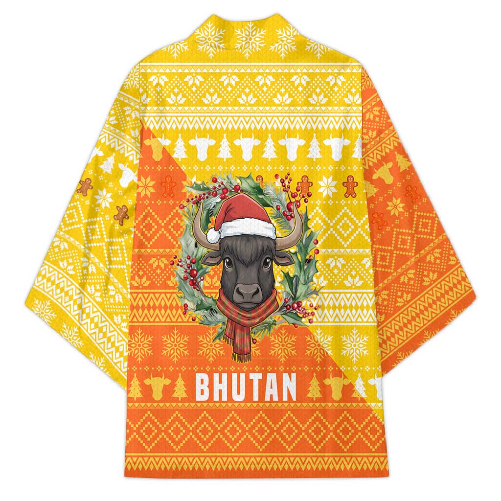 Bhutan Christmas Kimono with Takin Reindeer Antlers Santa Hat and Yellow Orange Holiday Pattern - Wonder Print Shop
