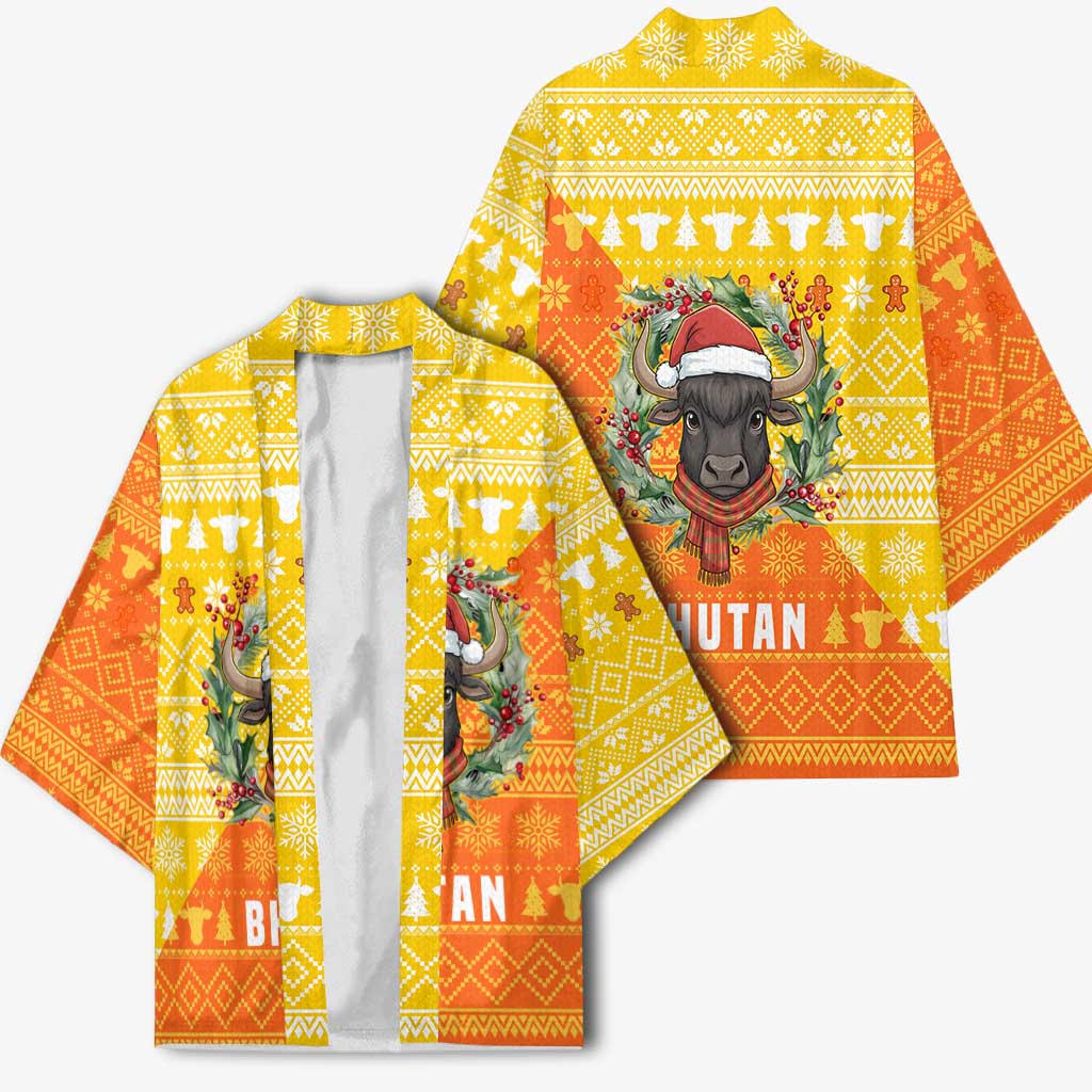 Bhutan Christmas Kimono with Takin Reindeer Antlers Santa Hat and Yellow Orange Holiday Pattern - Wonder Print Shop
