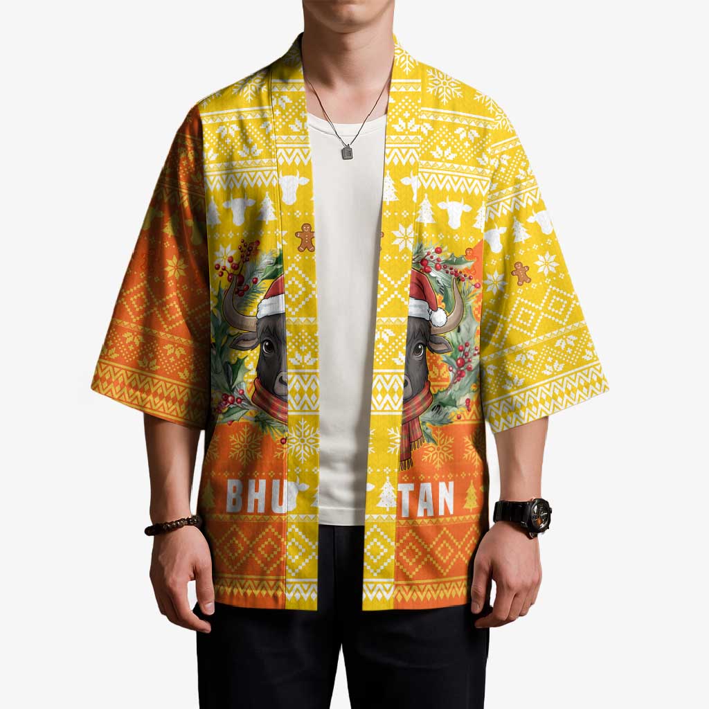 Bhutan Christmas Kimono with Takin Reindeer Antlers Santa Hat and Yellow Orange Holiday Pattern - Wonder Print Shop