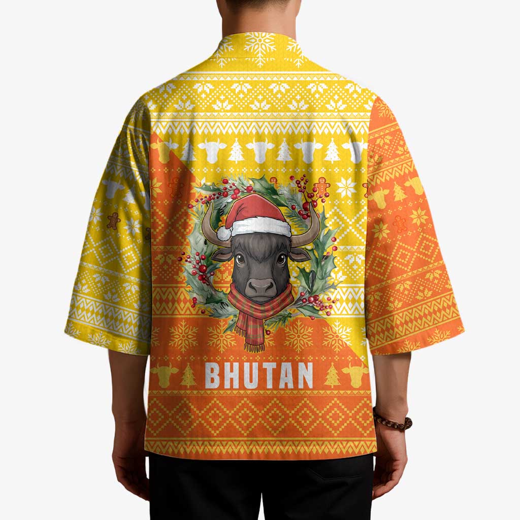 Bhutan Christmas Kimono with Takin Reindeer Antlers Santa Hat and Yellow Orange Holiday Pattern - Wonder Print Shop