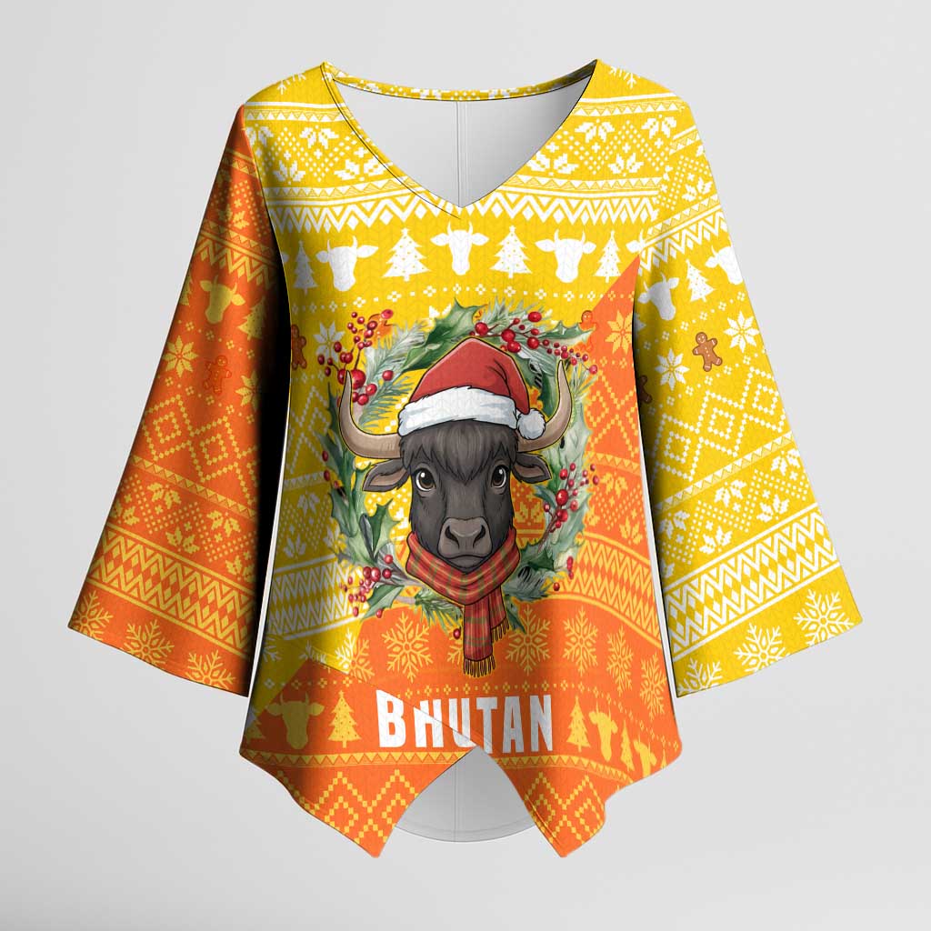 Bhutan Christmas Kimono Sleeve Blouse with Takin Reindeer Antlers Santa Hat and Yellow Orange Holiday Pattern - Wonder Print Shop