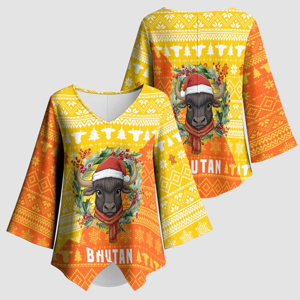 Bhutan Christmas Kimono Sleeve Blouse with Takin Reindeer Antlers Santa Hat and Yellow Orange Holiday Pattern - Wonder Print Shop