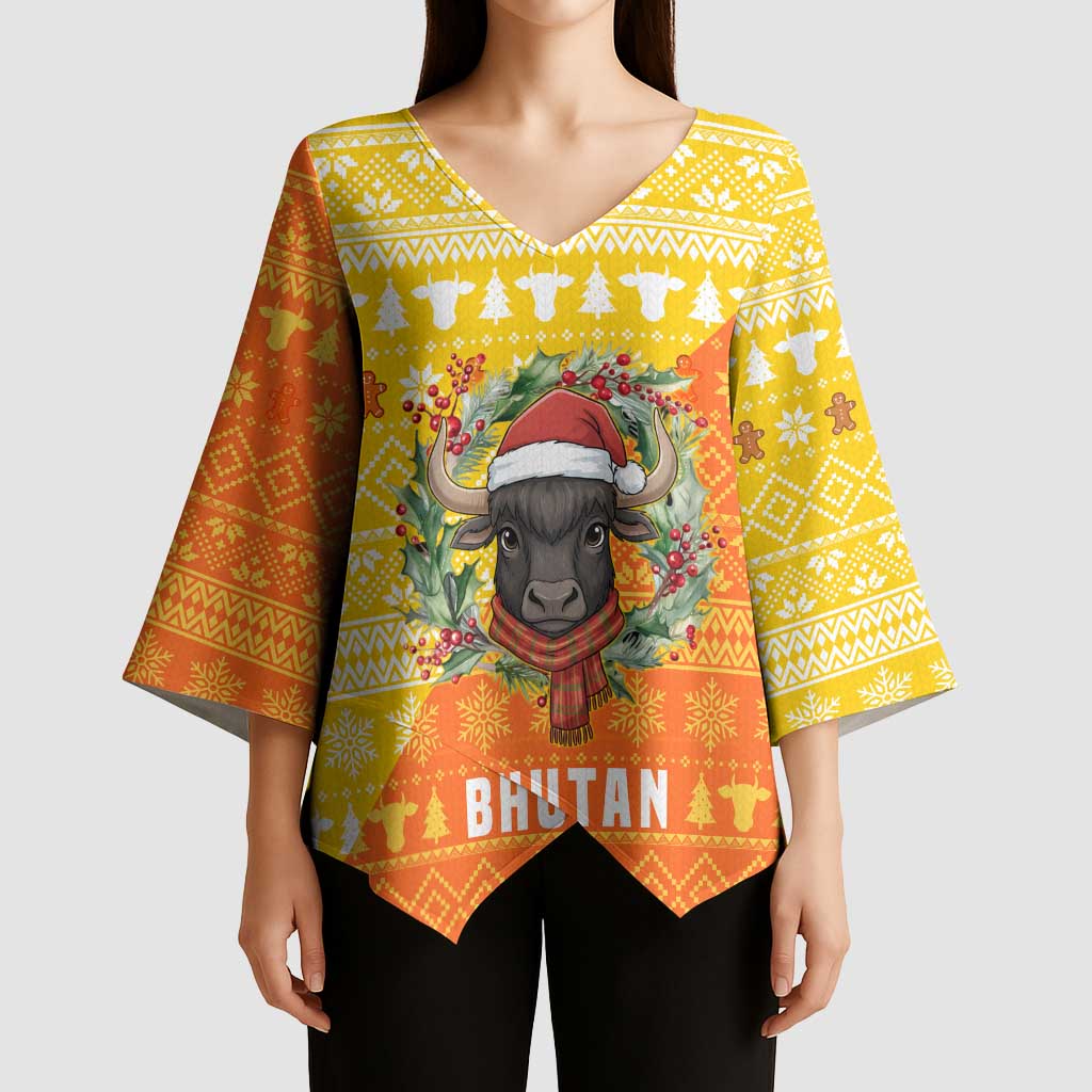 Bhutan Christmas Kimono Sleeve Blouse with Takin Reindeer Antlers Santa Hat and Yellow Orange Holiday Pattern - Wonder Print Shop