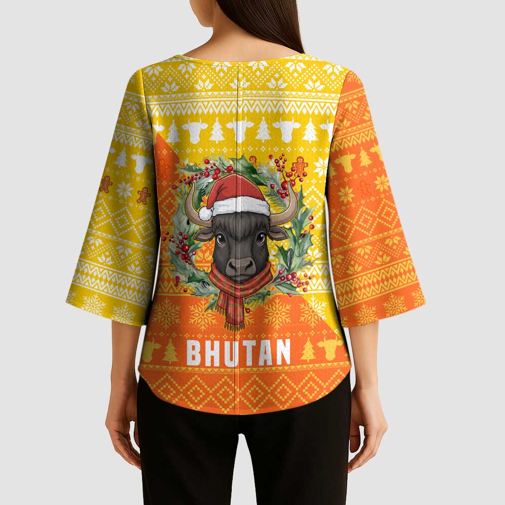 Bhutan Christmas Kimono Sleeve Blouse with Takin Reindeer Antlers Santa Hat and Yellow Orange Holiday Pattern - Wonder Print Shop