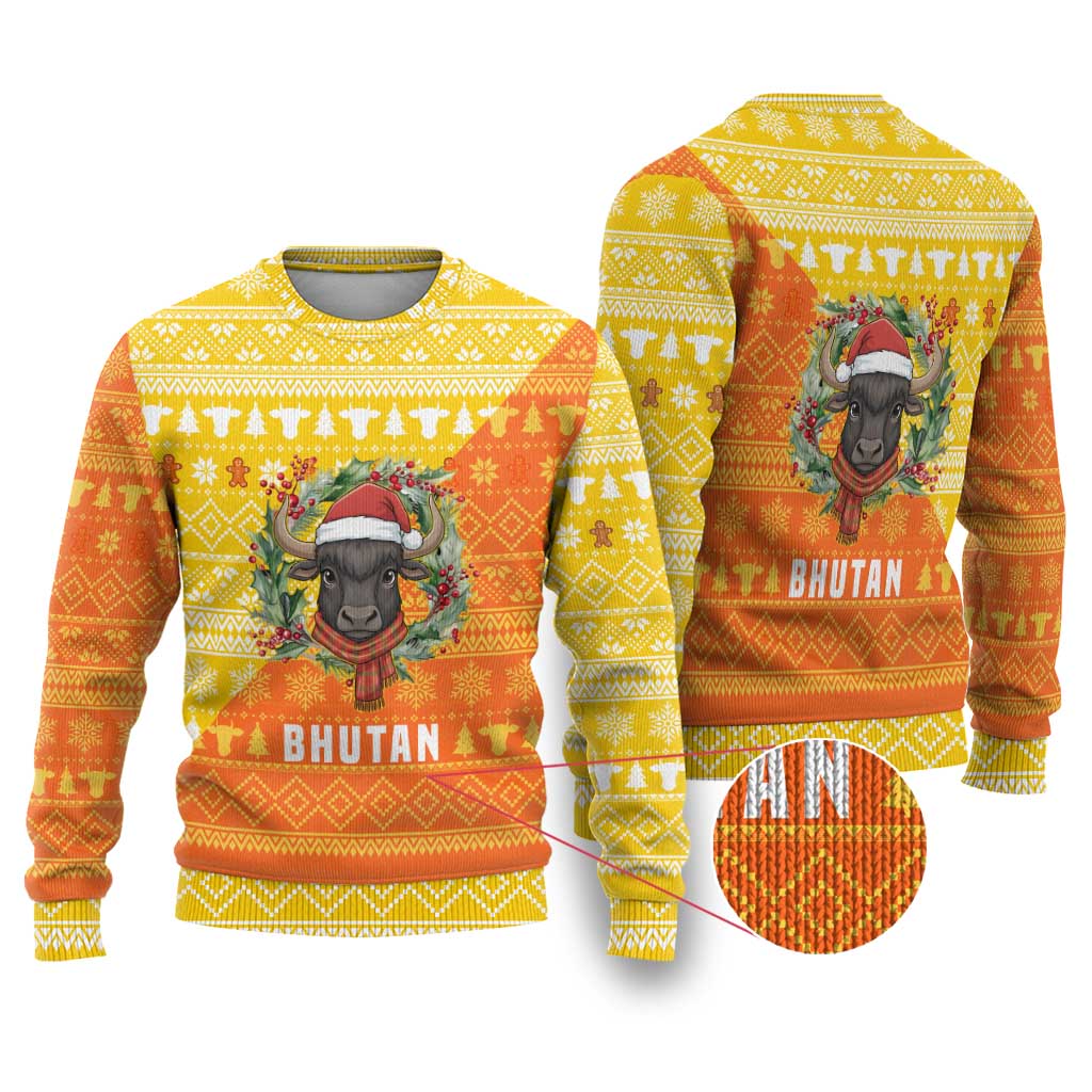 Bhutan Christmas Ugly Christmas Sweater with Takin Reindeer Antlers Santa Hat and Yellow Orange Holiday Pattern - Wonder Print Shop