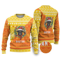 Bhutan Christmas Ugly Christmas Sweater with Takin Reindeer Antlers Santa Hat and Yellow Orange Holiday Pattern - Wonder Print Shop