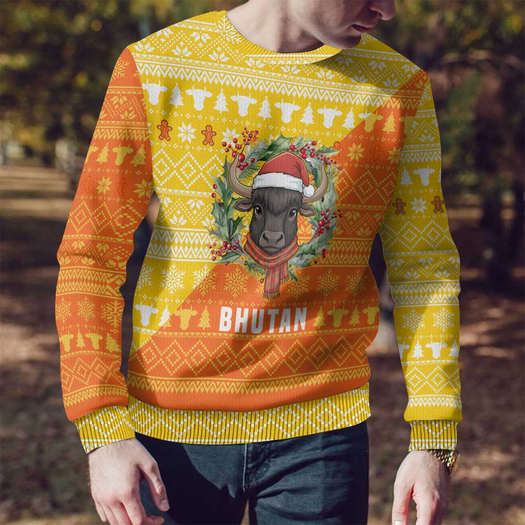 Bhutan Christmas Ugly Christmas Sweater with Takin Reindeer Antlers Santa Hat and Yellow Orange Holiday Pattern - Wonder Print Shop