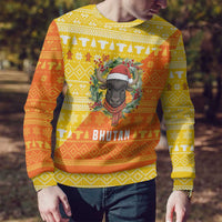 Bhutan Christmas Ugly Christmas Sweater with Takin Reindeer Antlers Santa Hat and Yellow Orange Holiday Pattern - Wonder Print Shop