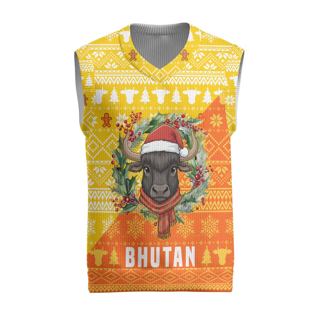 Bhutan Christmas Knitted V-Neck Vest with Takin Reindeer Antlers Santa Hat and Yellow Orange Holiday Pattern - Wonder Print Shop