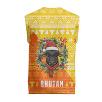 Bhutan Christmas Knitted V-Neck Vest with Takin Reindeer Antlers Santa Hat and Yellow Orange Holiday Pattern - Wonder Print Shop