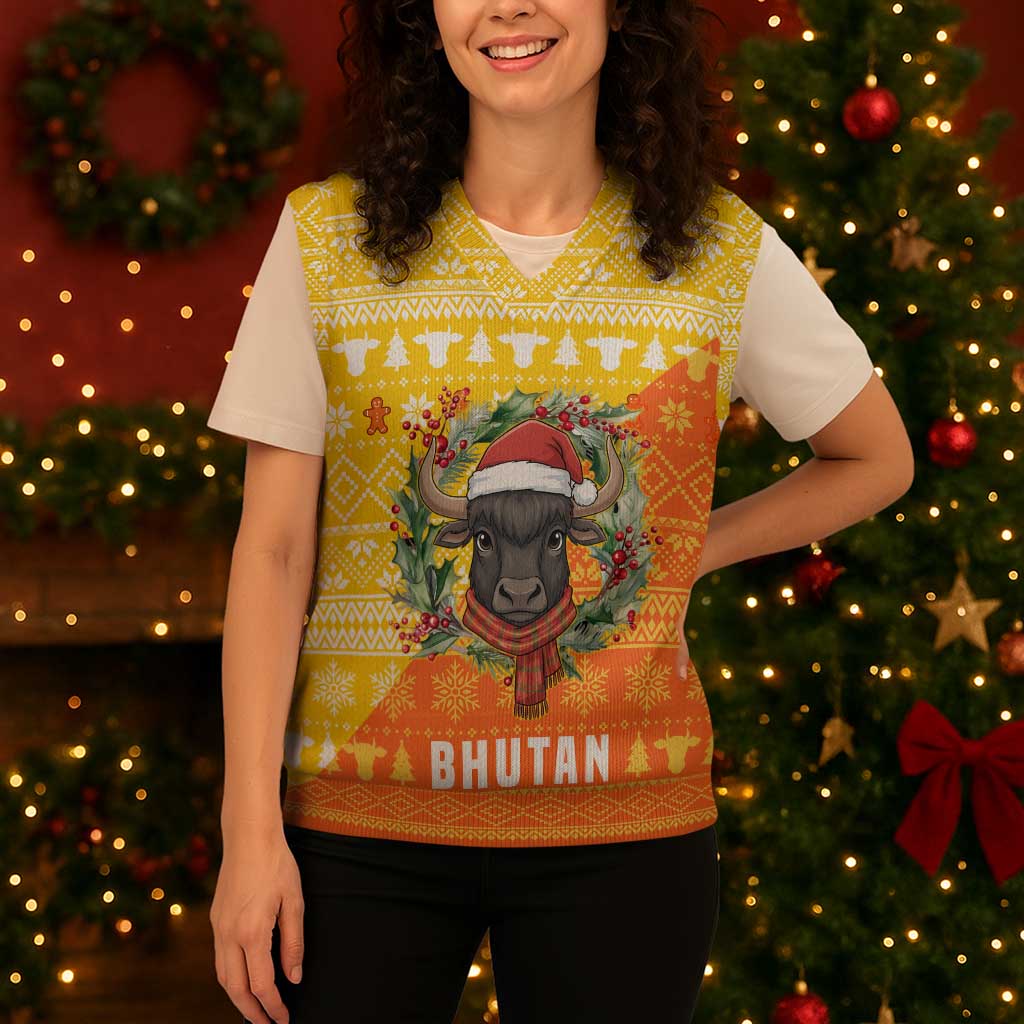 Bhutan Christmas Knitted V-Neck Vest with Takin Reindeer Antlers Santa Hat and Yellow Orange Holiday Pattern - Wonder Print Shop