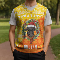 Bhutan Christmas Knitted V-Neck Vest with Takin Reindeer Antlers Santa Hat and Yellow Orange Holiday Pattern - Wonder Print Shop
