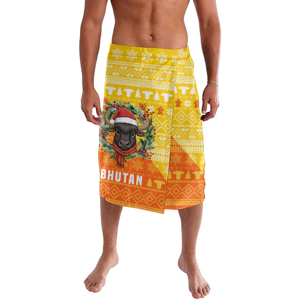 Bhutan Christmas Lavalava with Takin Reindeer Antlers Santa Hat and Yellow Orange Holiday Pattern - Wonder Print Shop