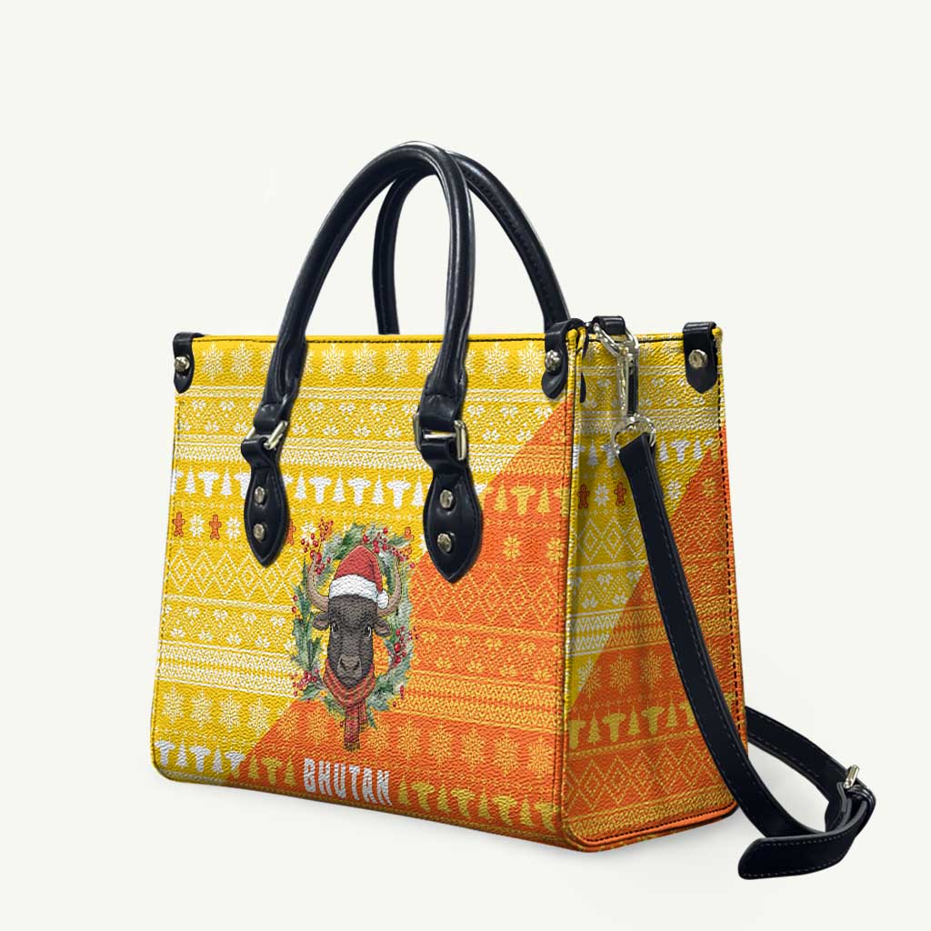 Bhutan Christmas Leather Bag with Takin Reindeer Antlers Santa Hat and Yellow Orange Holiday Pattern - Wonder Print Shop