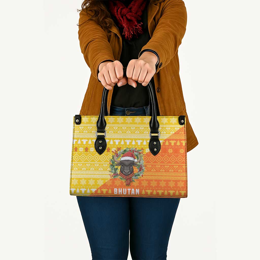Bhutan Christmas Leather Bag with Takin Reindeer Antlers Santa Hat and Yellow Orange Holiday Pattern - Wonder Print Shop