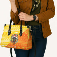 Bhutan Christmas Leather Bag with Takin Reindeer Antlers Santa Hat and Yellow Orange Holiday Pattern - Wonder Print Shop