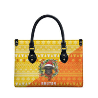 Bhutan Christmas Leather Bag with Takin Reindeer Antlers Santa Hat and Yellow Orange Holiday Pattern - Wonder Print Shop