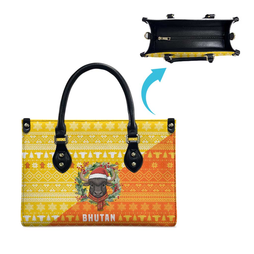 Bhutan Christmas Leather Bag with Takin Reindeer Antlers Santa Hat and Yellow Orange Holiday Pattern - Wonder Print Shop