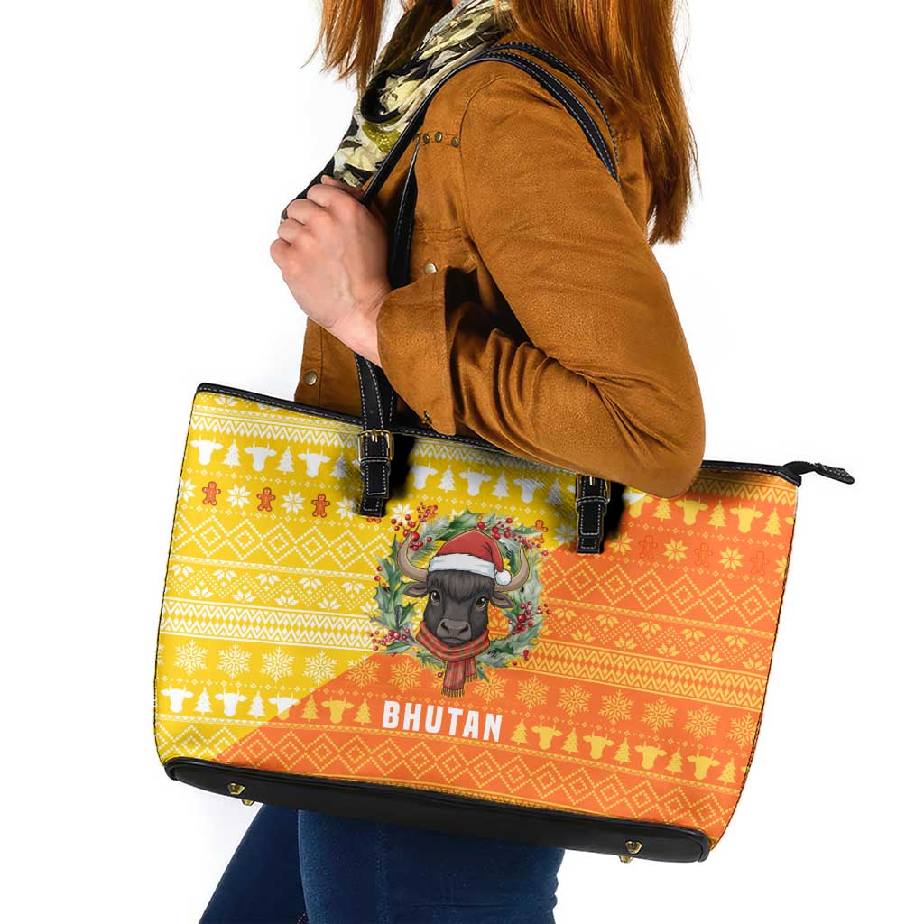 Bhutan Christmas Leather Tote Bag with Takin Reindeer Antlers Santa Hat and Yellow Orange Holiday Pattern - Wonder Print Shop