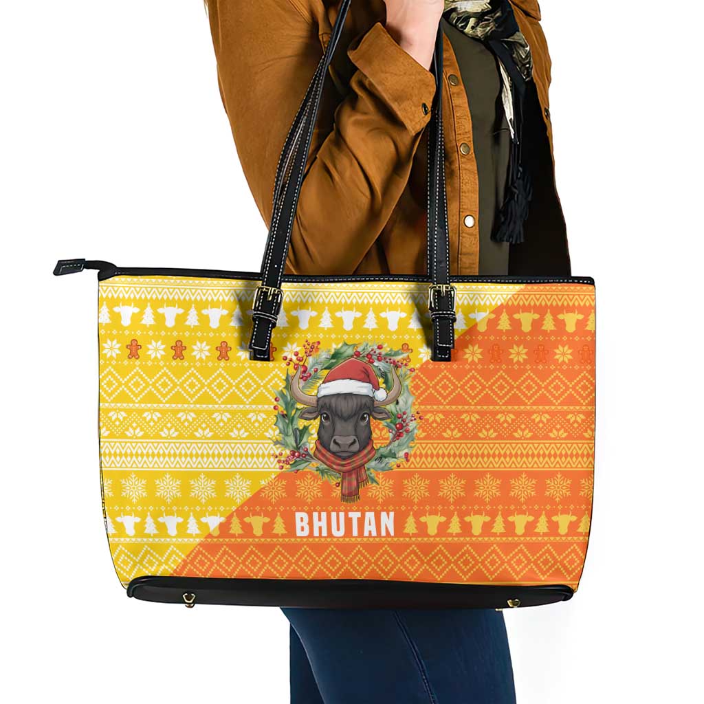 Bhutan Christmas Leather Tote Bag with Takin Reindeer Antlers Santa Hat and Yellow Orange Holiday Pattern - Wonder Print Shop