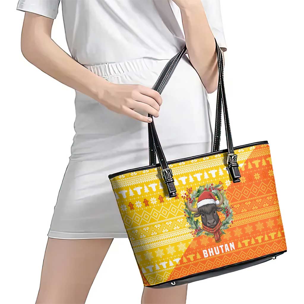 Bhutan Christmas Leather Tote Bag with Takin Reindeer Antlers Santa Hat and Yellow Orange Holiday Pattern - Wonder Print Shop