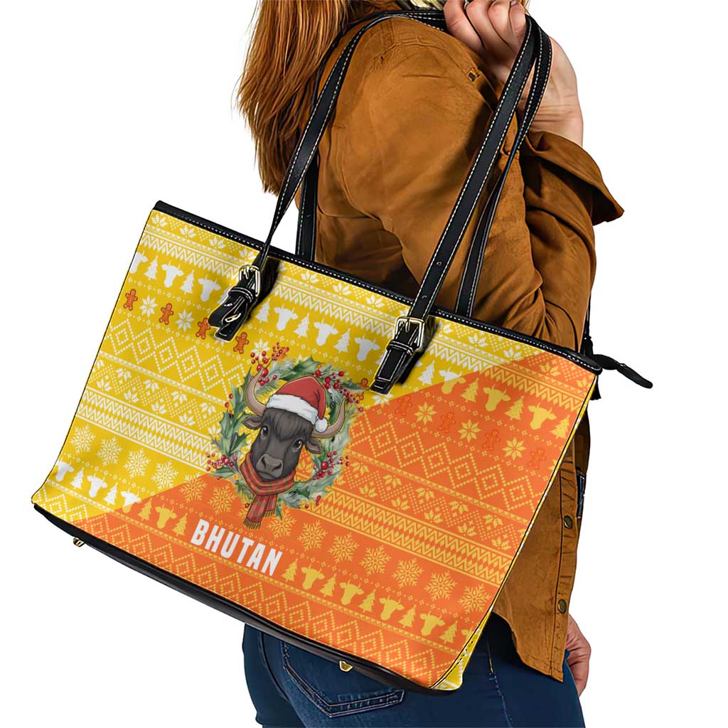 Bhutan Christmas Leather Tote Bag with Takin Reindeer Antlers Santa Hat and Yellow Orange Holiday Pattern - Wonder Print Shop
