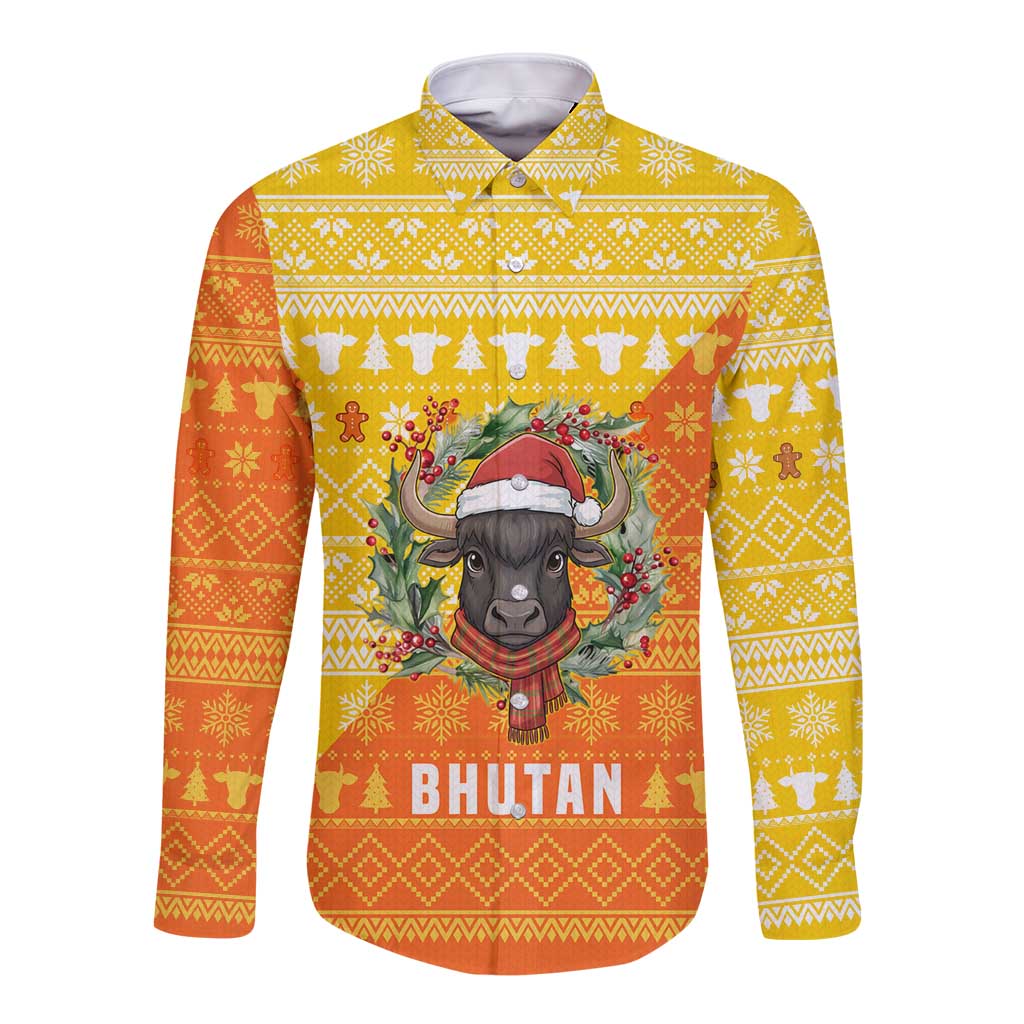 Bhutan Christmas Long Sleeve Button Shirt with Takin Reindeer Antlers Santa Hat and Yellow Orange Holiday Pattern - Wonder Print Shop