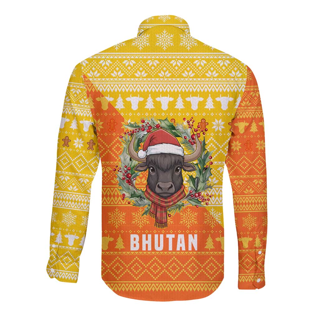 Bhutan Christmas Long Sleeve Button Shirt with Takin Reindeer Antlers Santa Hat and Yellow Orange Holiday Pattern - Wonder Print Shop