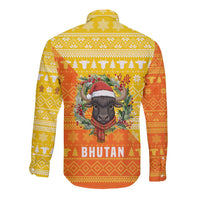 Bhutan Christmas Long Sleeve Button Shirt with Takin Reindeer Antlers Santa Hat and Yellow Orange Holiday Pattern - Wonder Print Shop