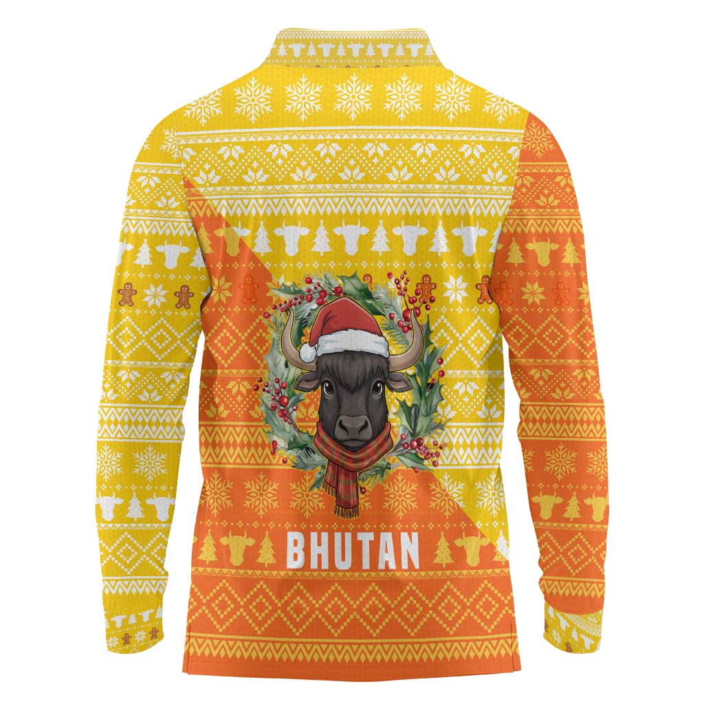 Bhutan Christmas Long Sleeve Polo Shirt with Takin Reindeer Antlers Santa Hat and Yellow Orange Holiday Pattern - Wonder Print Shop