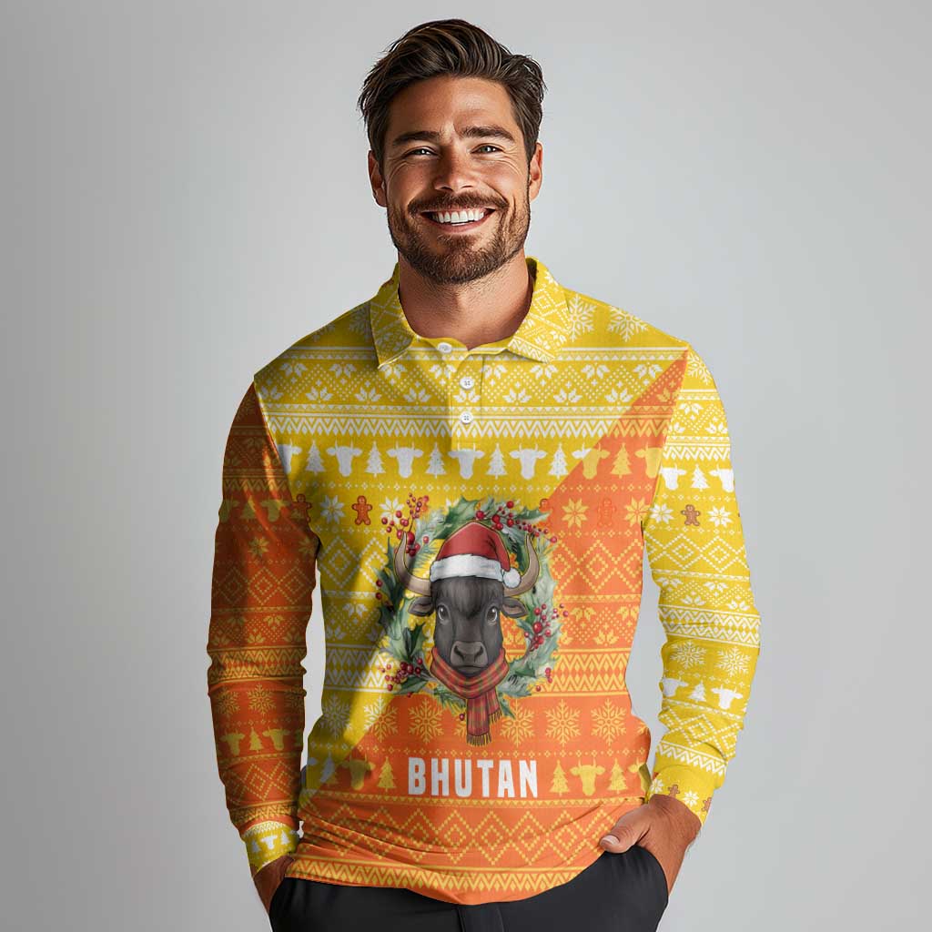 Bhutan Christmas Long Sleeve Polo Shirt with Takin Reindeer Antlers Santa Hat and Yellow Orange Holiday Pattern - Wonder Print Shop