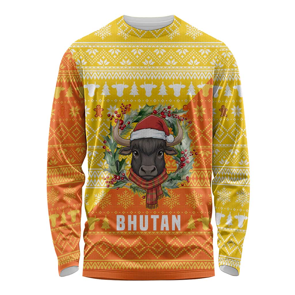 Bhutan Christmas Long Sleeve Shirt with Takin Reindeer Antlers Santa Hat and Yellow Orange Holiday Pattern - Wonder Print Shop