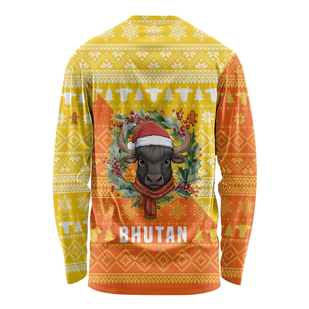 Bhutan Christmas Long Sleeve Shirt with Takin Reindeer Antlers Santa Hat and Yellow Orange Holiday Pattern - Wonder Print Shop