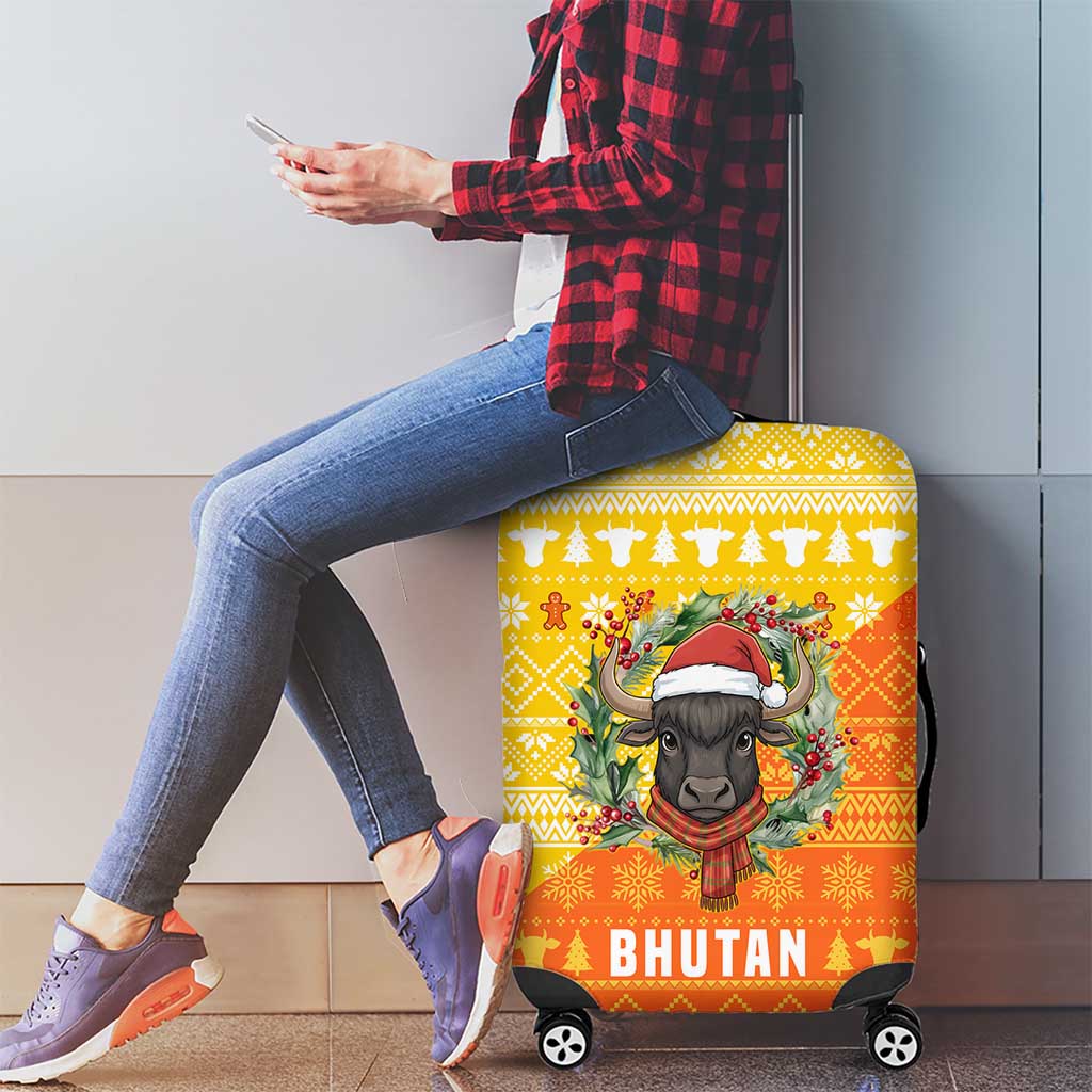 Bhutan Christmas Luggage Cover with Takin Reindeer Antlers Santa Hat and Yellow Orange Holiday Pattern - Wonder Print Shop