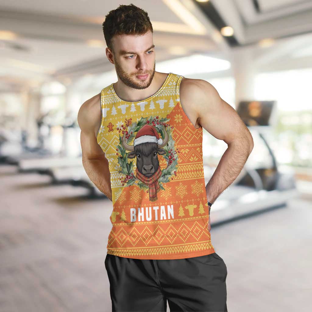 Bhutan Christmas Men Tank Top with Takin Reindeer Antlers Santa Hat and Yellow Orange Holiday Pattern - Wonder Print Shop