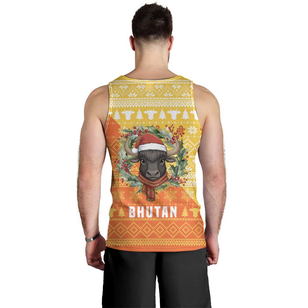Bhutan Christmas Men Tank Top with Takin Reindeer Antlers Santa Hat and Yellow Orange Holiday Pattern - Wonder Print Shop
