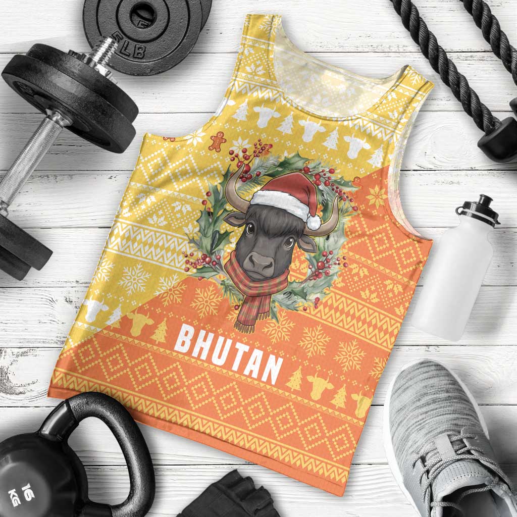 Bhutan Christmas Men Tank Top with Takin Reindeer Antlers Santa Hat and Yellow Orange Holiday Pattern - Wonder Print Shop