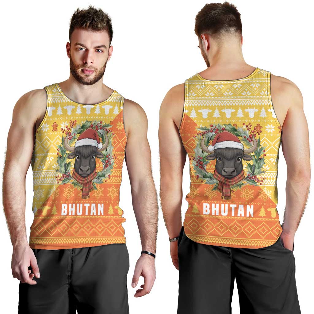 Bhutan Christmas Men Tank Top with Takin Reindeer Antlers Santa Hat and Yellow Orange Holiday Pattern - Wonder Print Shop