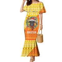 Bhutan Christmas Mermaid Dress with Takin Reindeer Antlers Santa Hat and Yellow Orange Holiday Pattern - Wonder Print Shop
