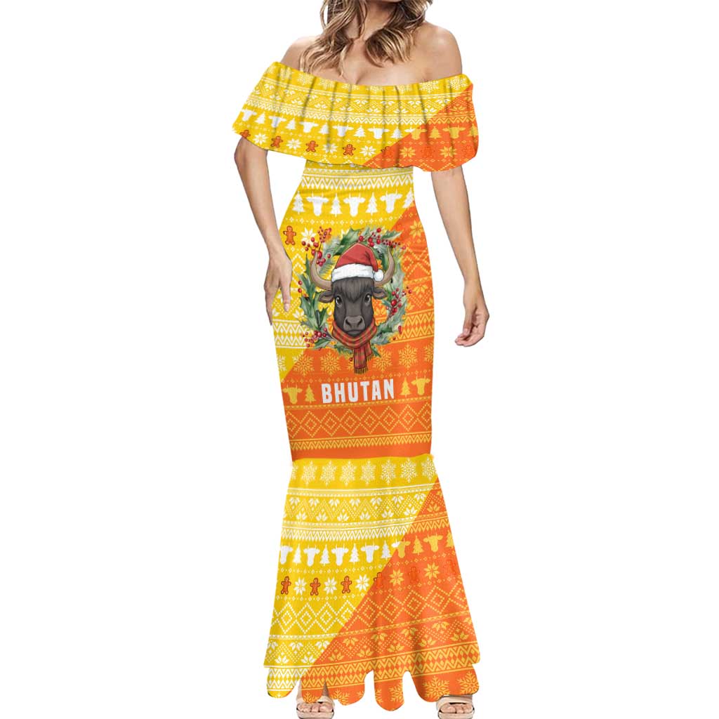 Bhutan Christmas Mermaid Dress with Takin Reindeer Antlers Santa Hat and Yellow Orange Holiday Pattern - Wonder Print Shop
