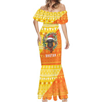 Bhutan Christmas Mermaid Dress with Takin Reindeer Antlers Santa Hat and Yellow Orange Holiday Pattern - Wonder Print Shop