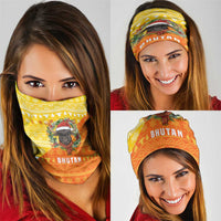 Bhutan Christmas Neck Gaiter with Takin Reindeer Antlers Santa Hat and Yellow Orange Holiday Pattern - Wonder Print Shop