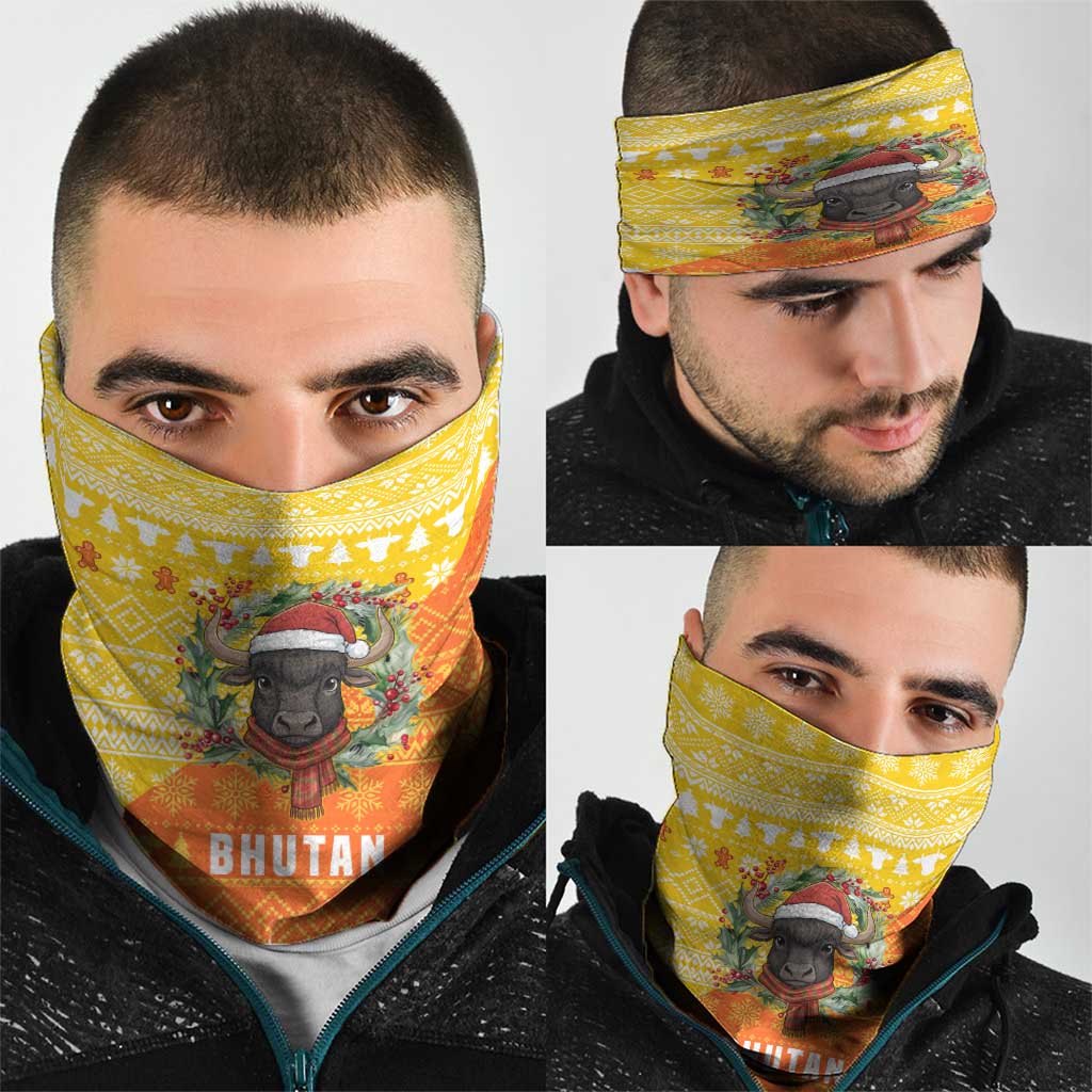 Bhutan Christmas Neck Gaiter with Takin Reindeer Antlers Santa Hat and Yellow Orange Holiday Pattern - Wonder Print Shop